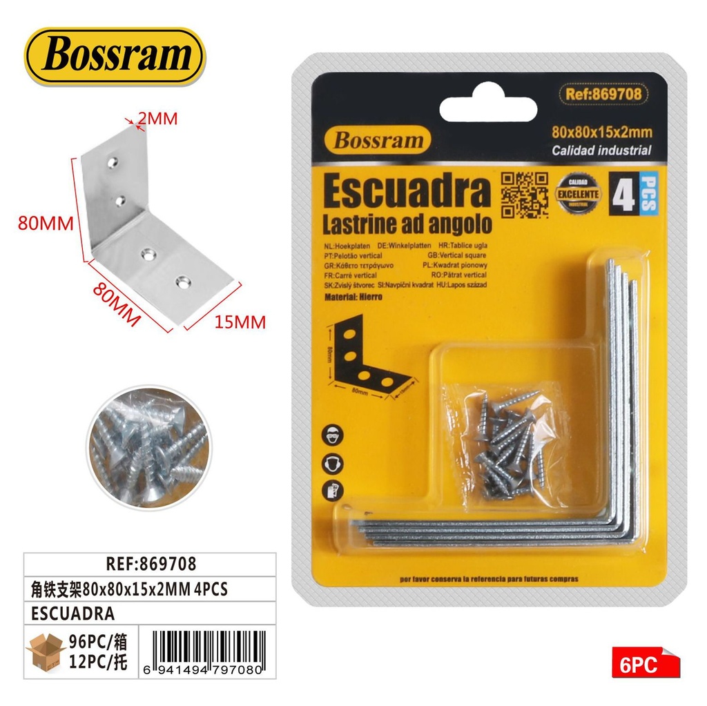 Escuadra 80x80x15x2mm 4pcs para fijación