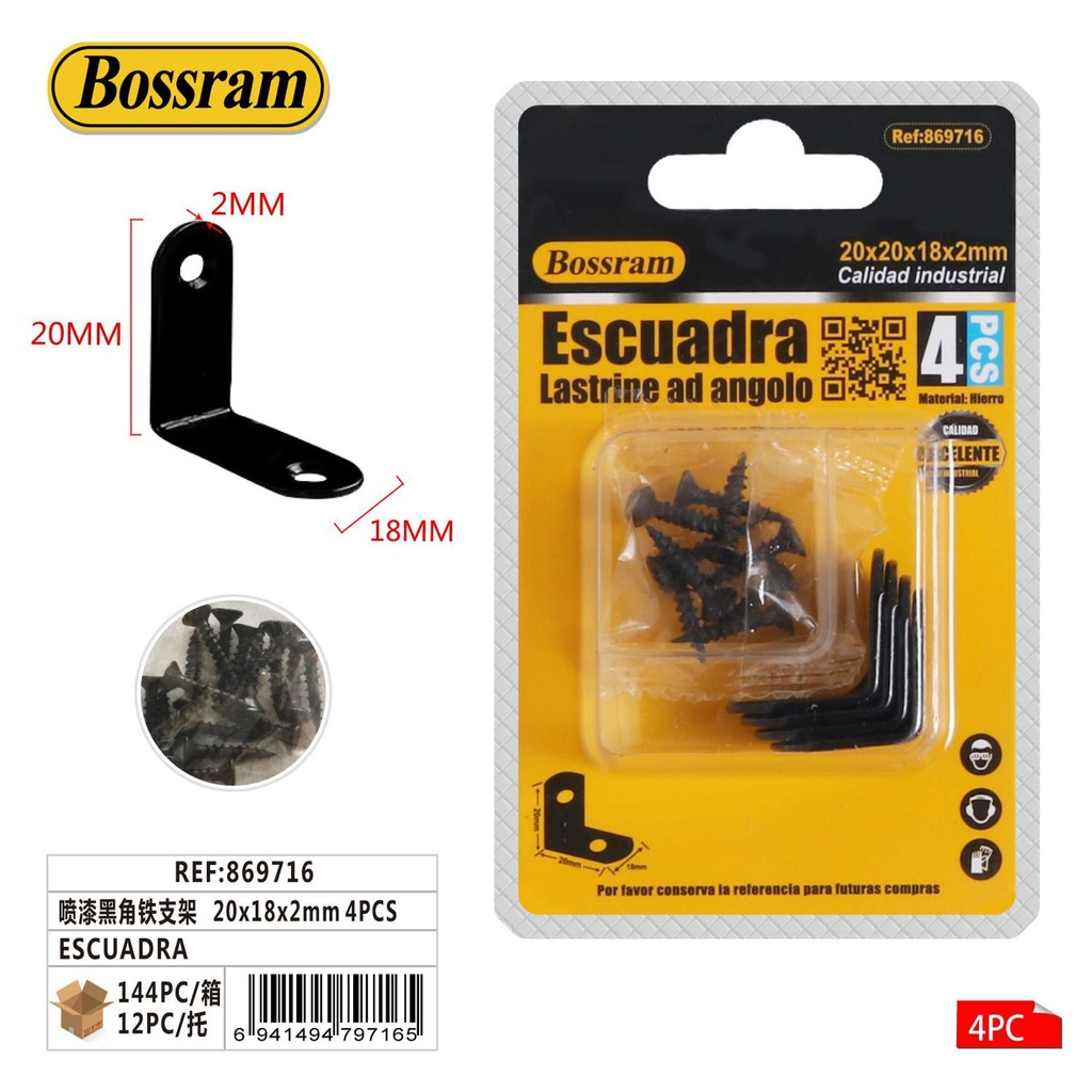 Escuadra negra de hierro 20x18x2mm 4pcs