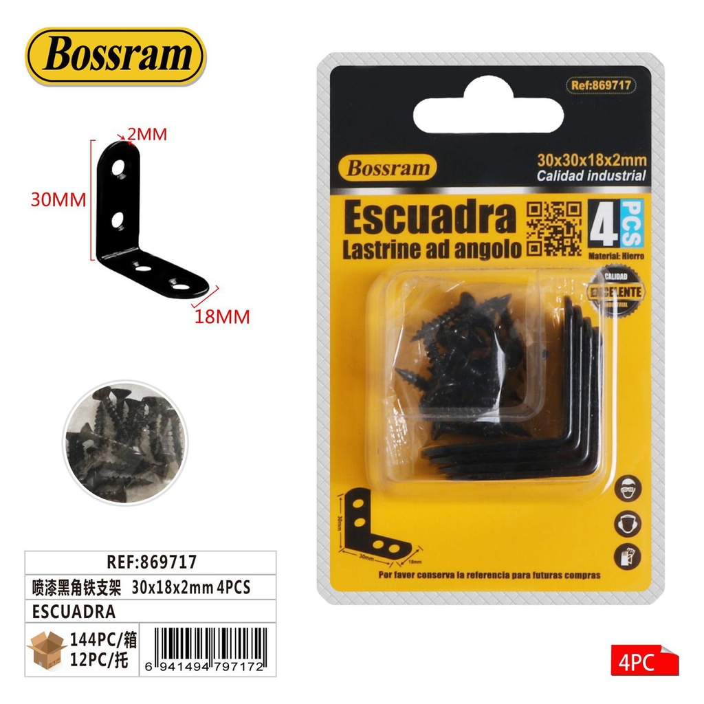 Escuadra de metal negro 30x18x2mm 4pcs para montaje y fijación