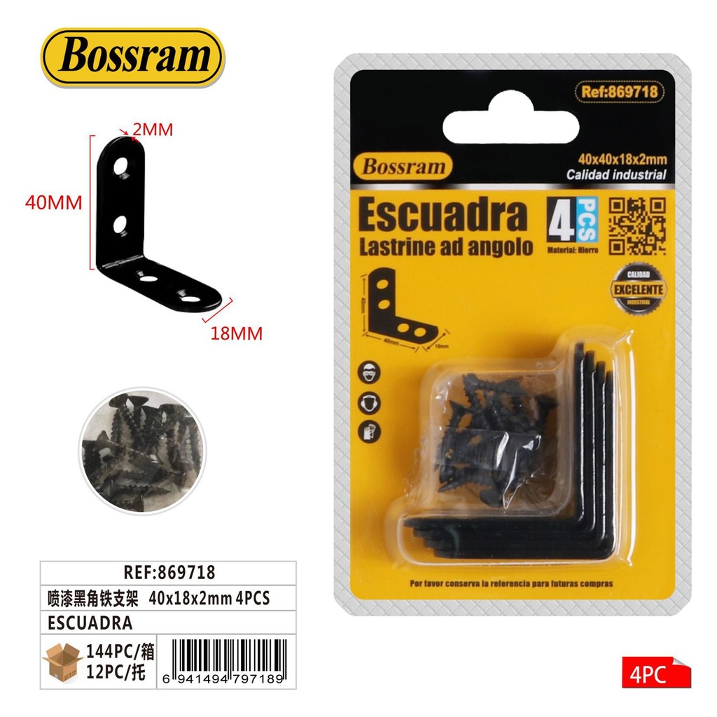 Escuadra metálica negra 40x18x2mm 4pcs para sujeción