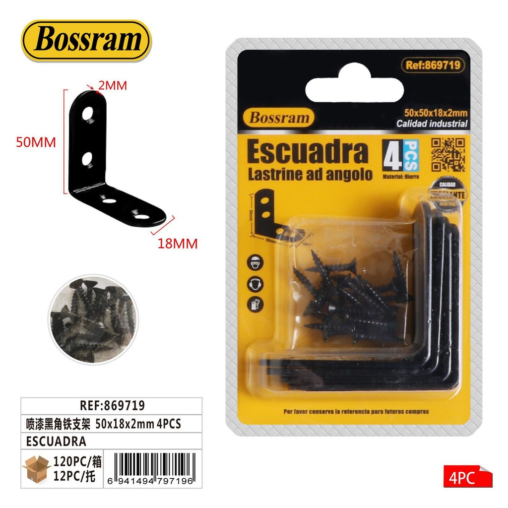 Escuadra negra de hierro 50x18x2mm 4pcs para soporte y fijación