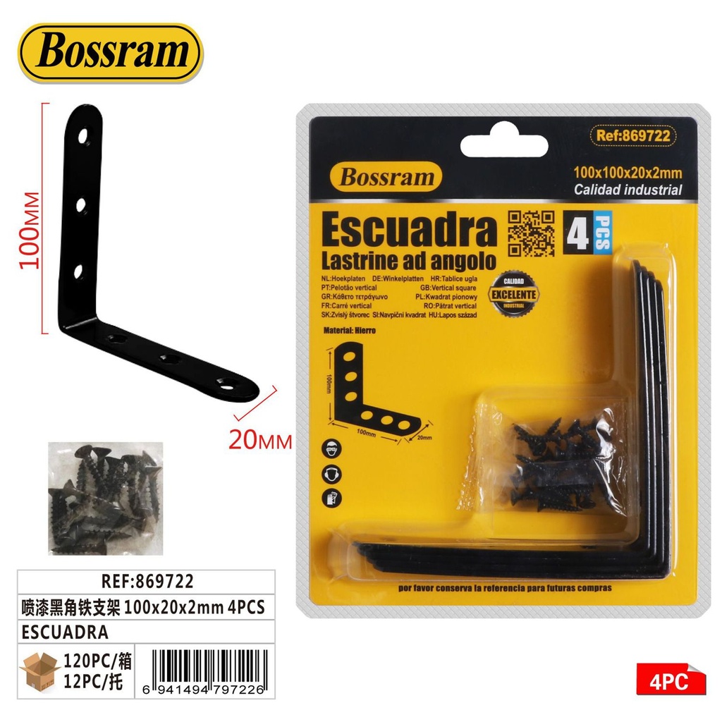 Escuadra negra de hierro 100x20x2mm 4pcs