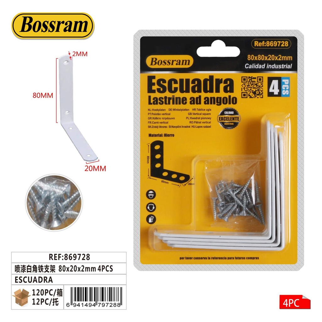 Escuadra de hierro pintada en blanco 80x20x2mm 4pcs para sujeción