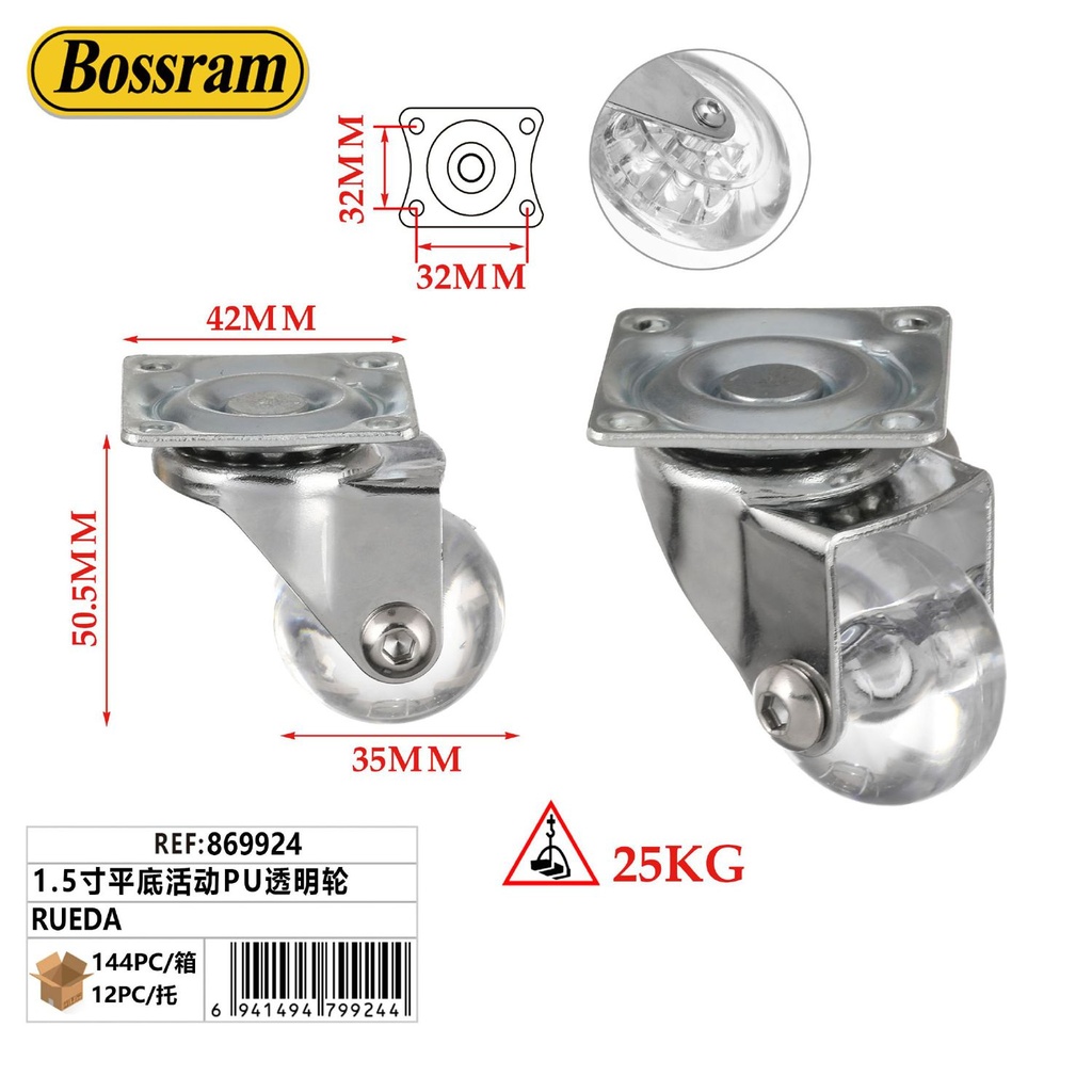 Rueda transparente PU 1.5 pulgadas para muebles y bricolaje