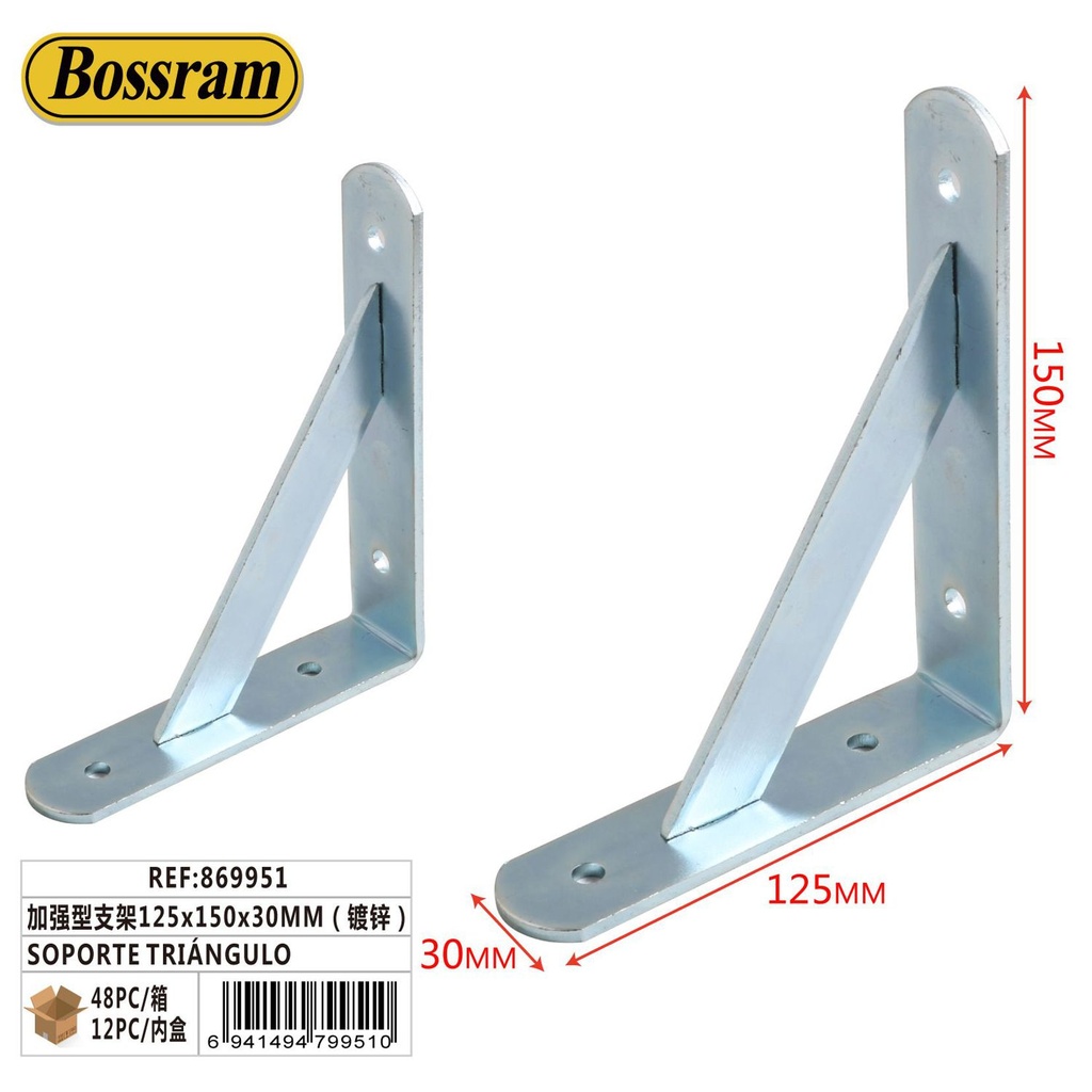 Soporte triángulo reforzado 125x150x30mm galvanizado