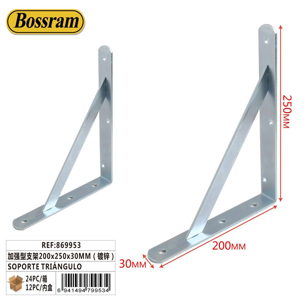 Soporte triángulo reforzado 200x250x30mm para estanterías