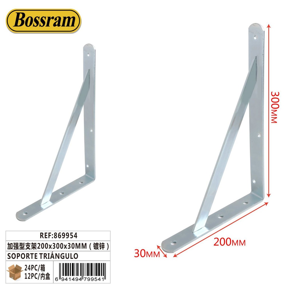 Soporte triángulo reforzado 200x300x30mm galvanizado para sujeción