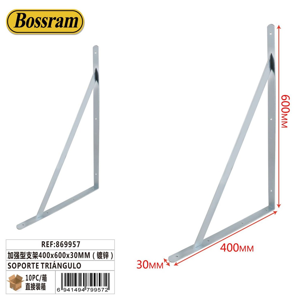 Soporte triángulo reforzado galvanizado 400x600x30mm