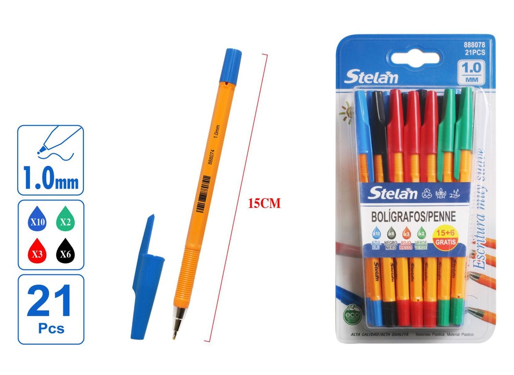 Bolígrafos soft punta 1.0mm 21 piezas (10 azul, 6 negro, 3 rojo, 2 verde) para escritura