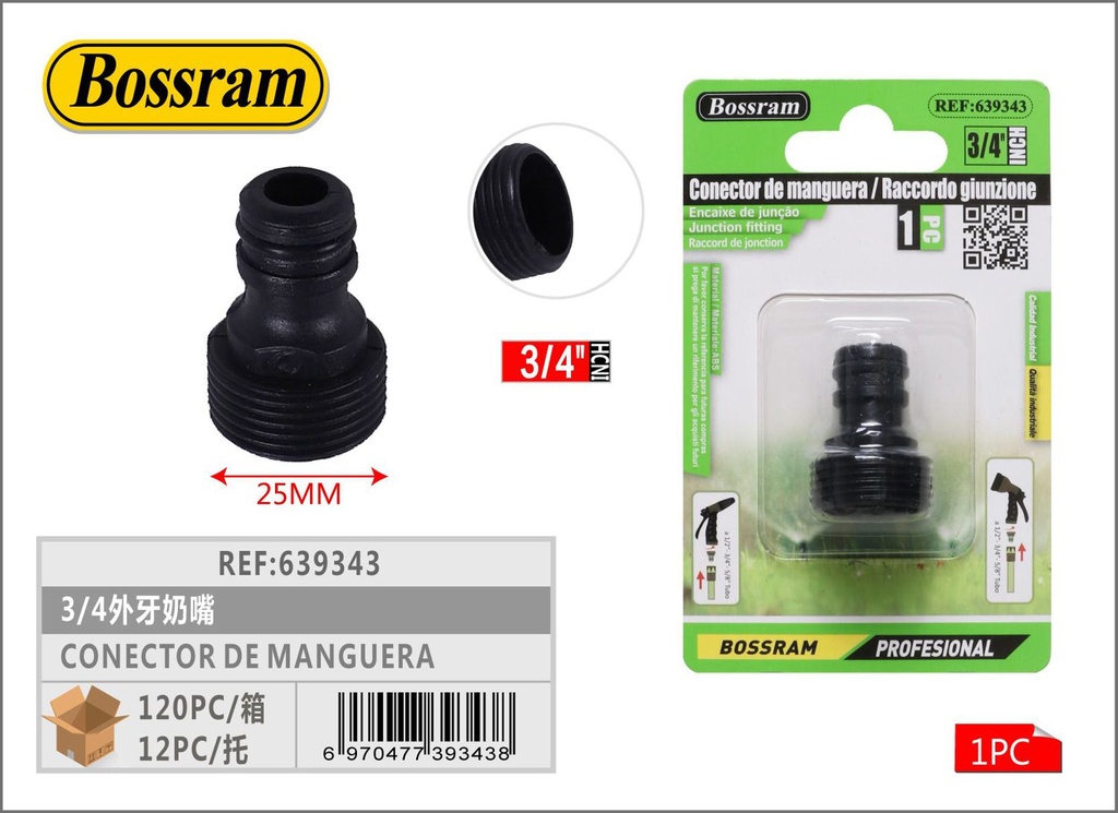 Conector de manguera con rosca externa 3/4 para riego de jardín