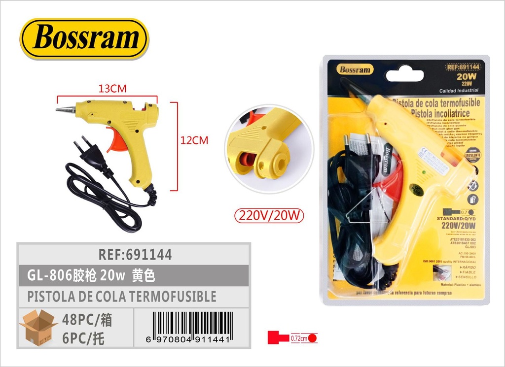 Pistola de cola termofusible 20w amarillo 12.5x11.5cm para manualidades y reparación