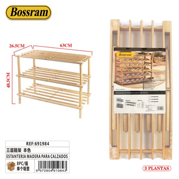 Estantería de madera para calzados de 3 niveles para organización del hogar