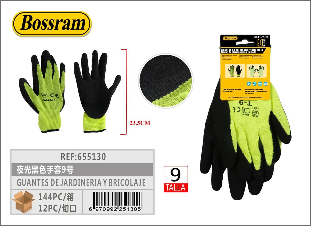 Guantes de jardinería y bricolaje negros con espuma luminosa 23.5cm