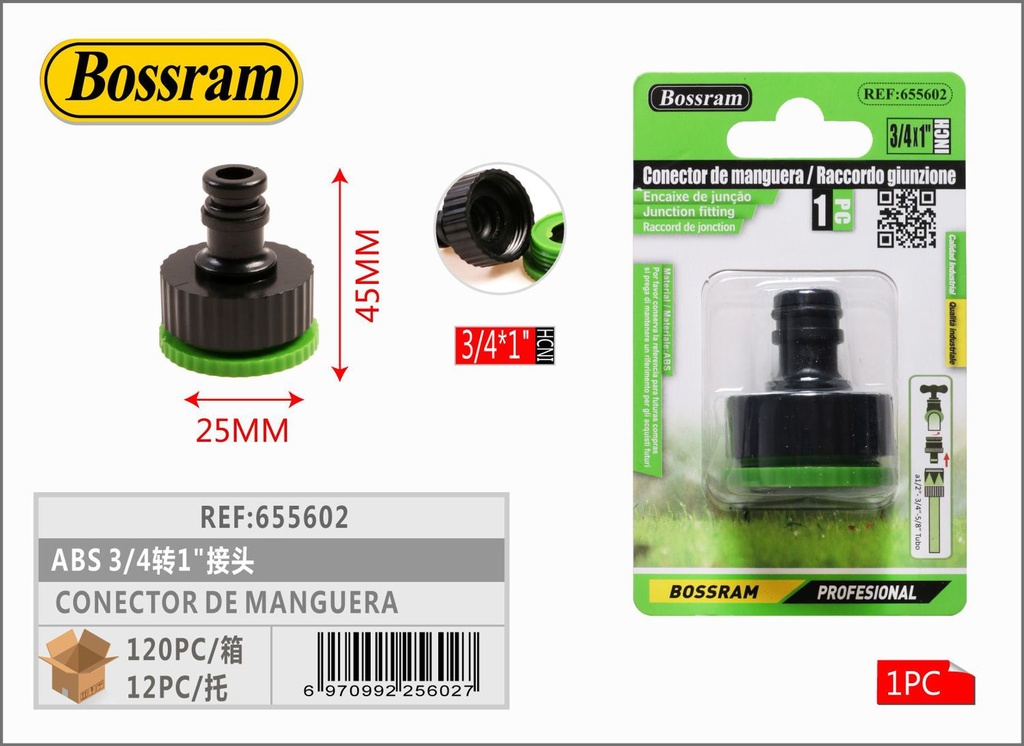 Conector de manguera ABS 3/4" a 1" para riego