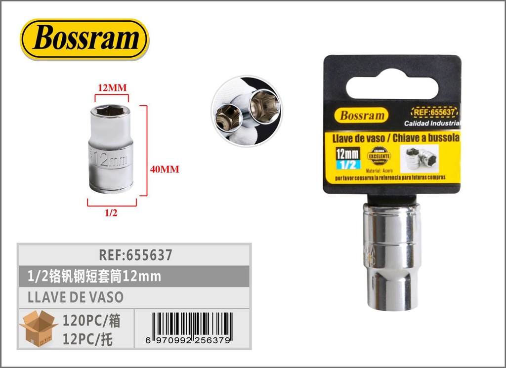 Llave de vaso 1/2" cromo vanadio 12mm, herramienta de ferretería