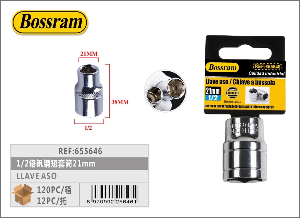 LLave de vaso cromovanadio 1/2" 21mm para herramientas y ferretería