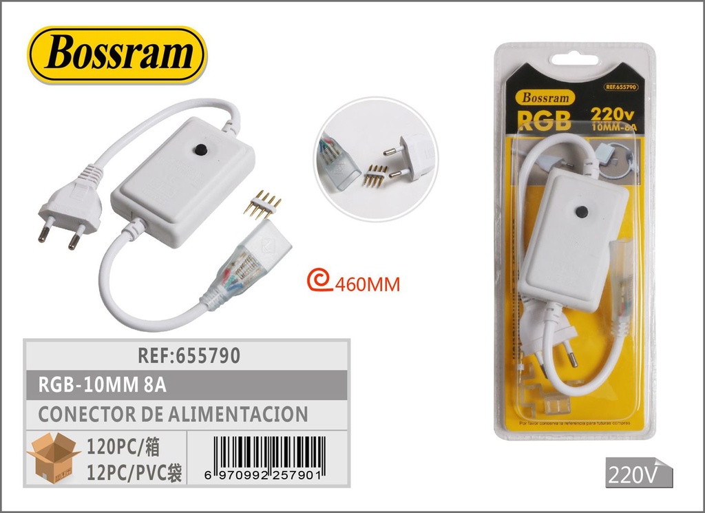 Conector de alimentación ajustable RGB 10mm 8A tiras LED