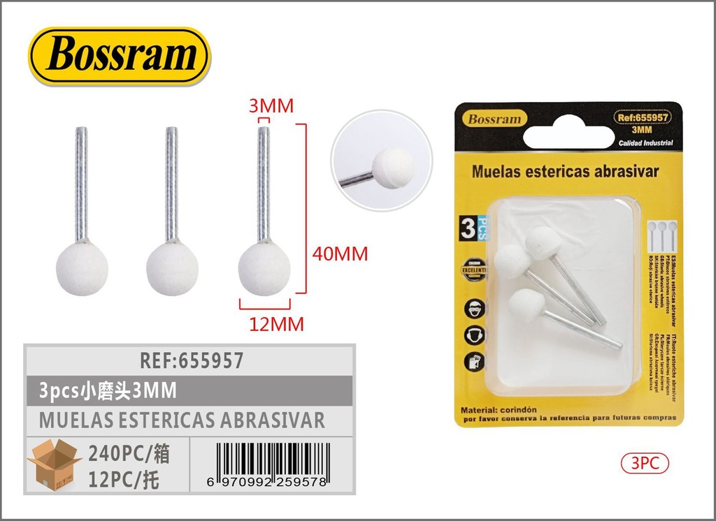 Muelas esféricas abrasivas 3pcs 3mm para taladro y pulido