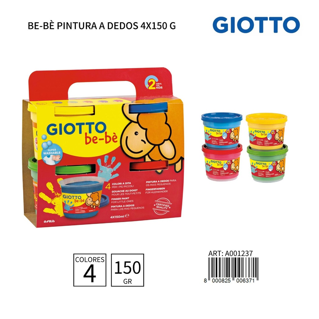 **Pintura de dedos Giotto Be-Bè lavable 4x150g** - Manualidades para niños