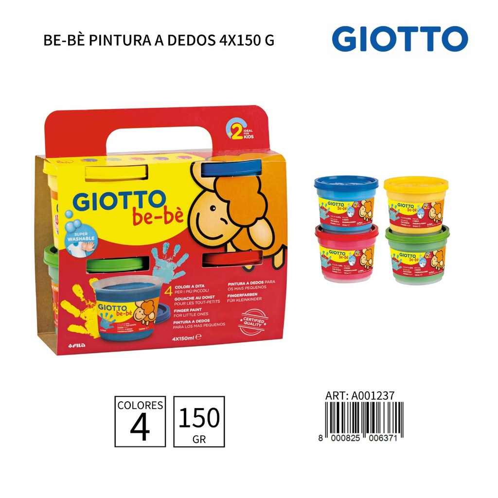 Giotto Be-Bè Pintura a dedos lavable 4x150g para niños