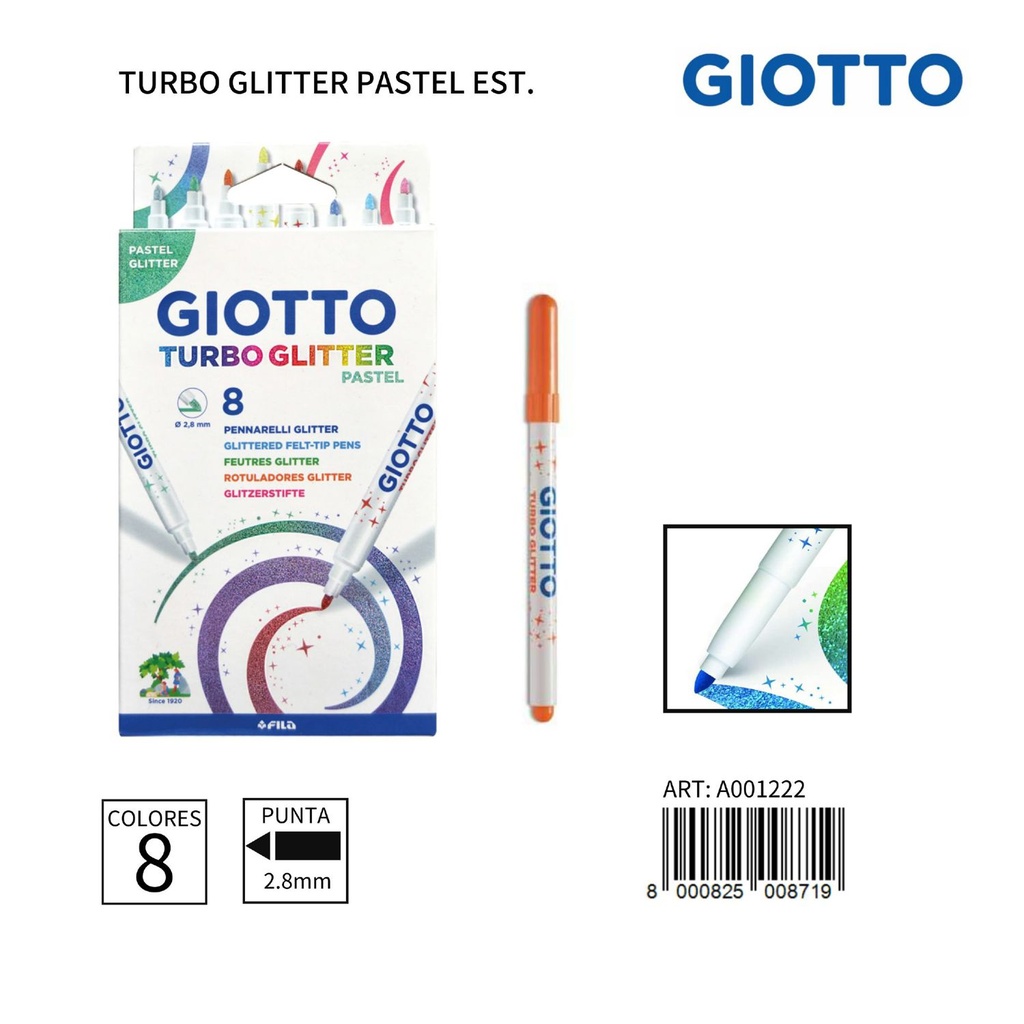 Giotto Turbo Glitter rotuladores pastel 2.8mm 8pcs para dibujo