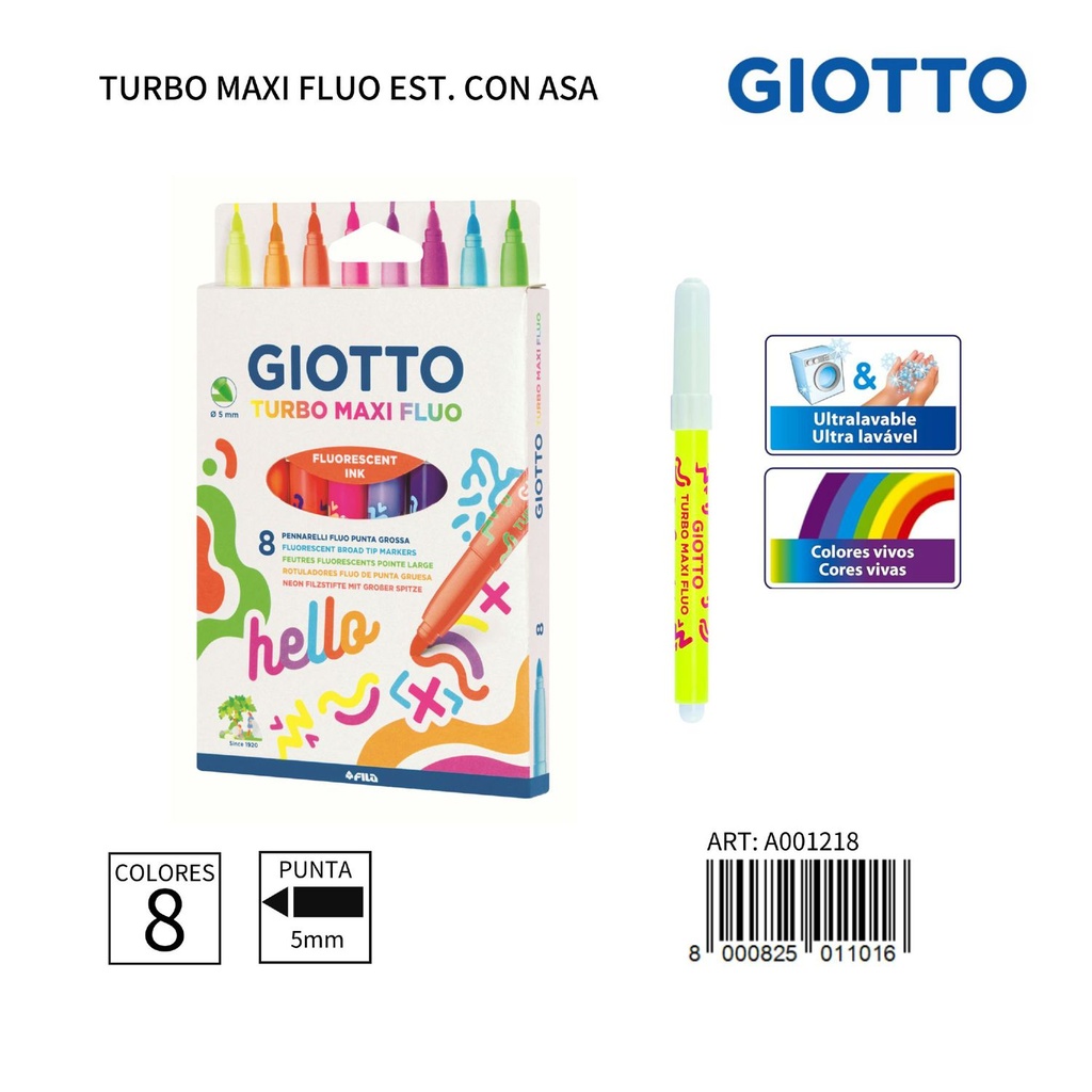 Giotto Turbo Maxi Fluo acuarela fluorescente lavable 5mm 8 unidades