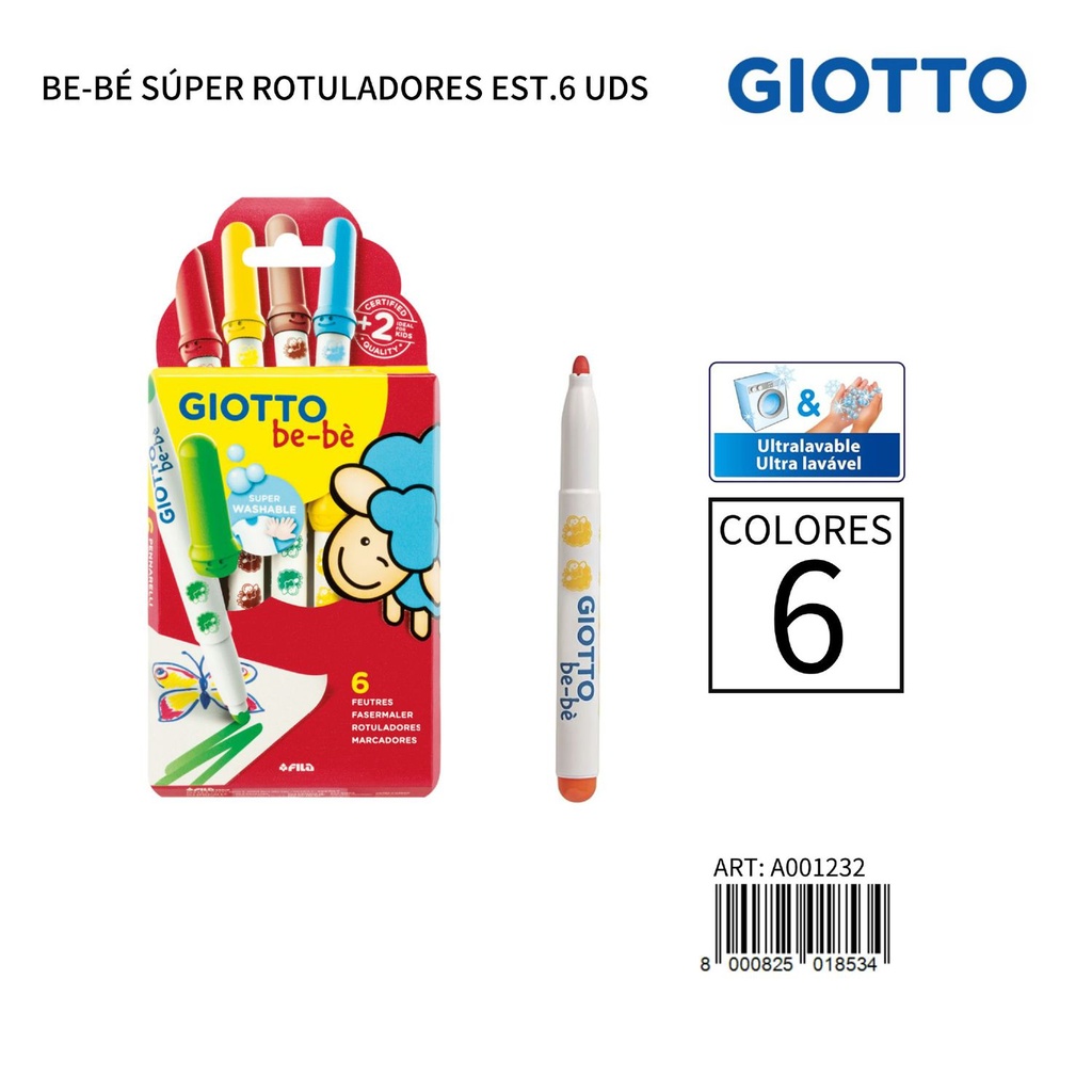 Giotto Be-Bè Súper Rotuladores, estuche de 6 uds para niños