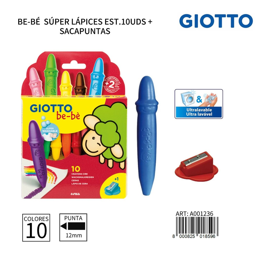 Giotto Be-Bè súper ceras lavables 10 uds + sacapuntas