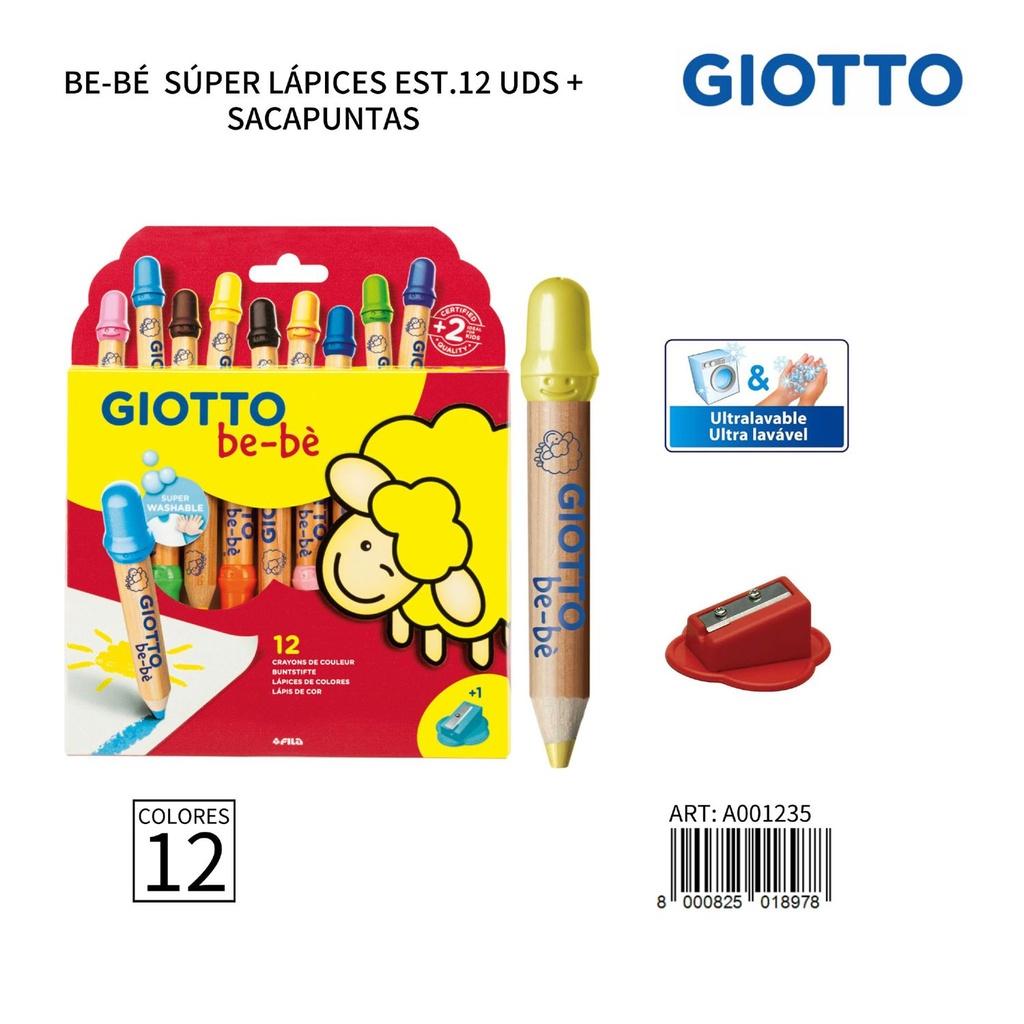 Giotto Be-Bè Súper Lápices Est.12 uds + sacapuntas para dibujo infantil