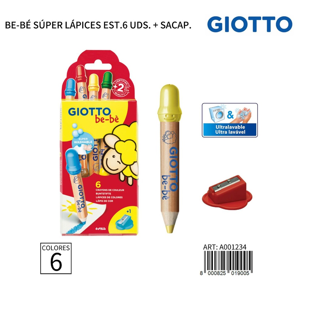 Giotto Be-Bè Súper Lápices estuche 6 uds + sacapuntas para dibujo infantil