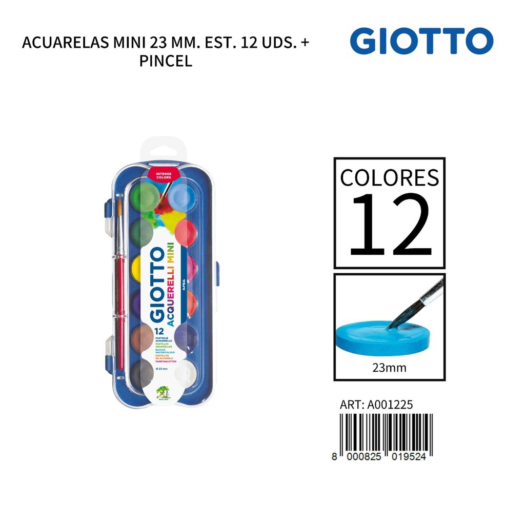 Set de acuarelas Giotto Mini 23mm 12 uds + pincel para pintura