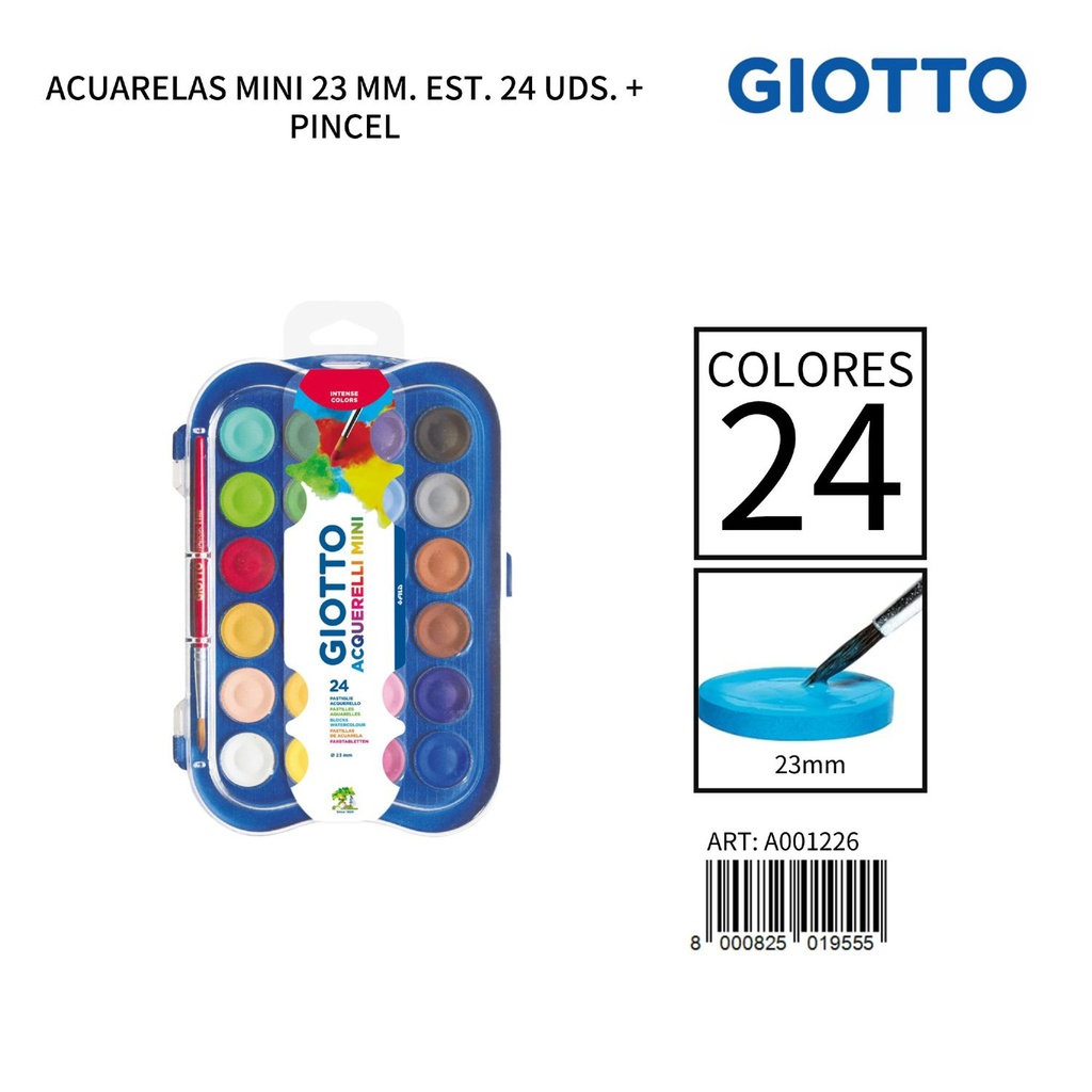 Acuarelas Giotto Mini 23mm estuche 24 uds con pincel