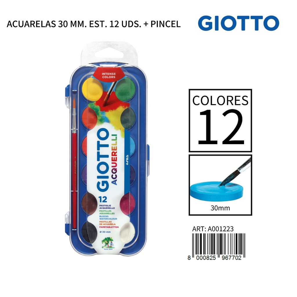 Acuarelas Giotto 30mm, 12 unidades con pincel