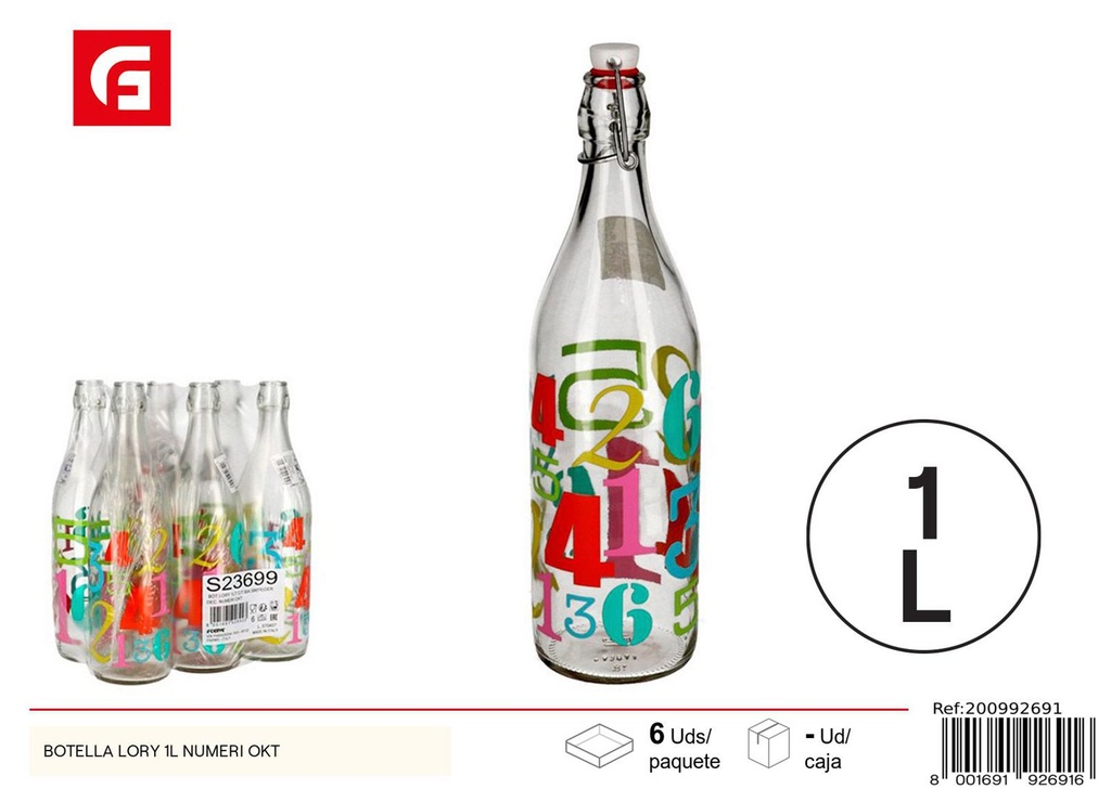 Botella de vidrio Lory 1L con números