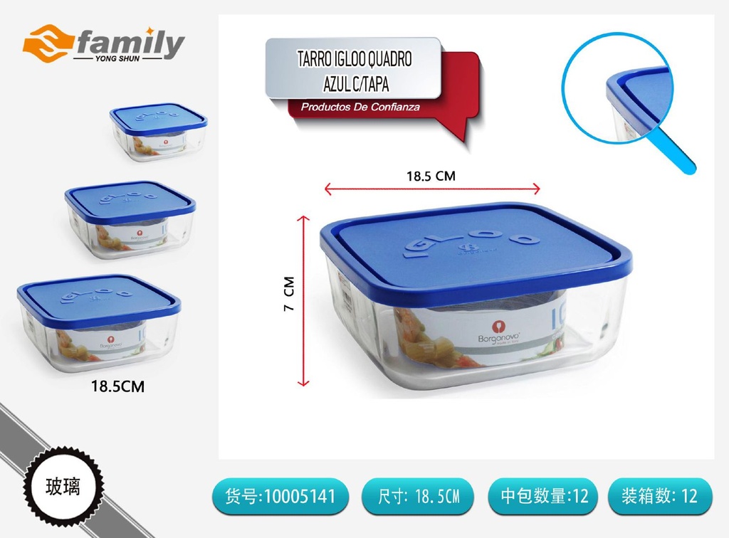 Tartera de vidrio Igloo cuadrado azul c/tapa 18.5 cm - Productos de vidrio para cocina