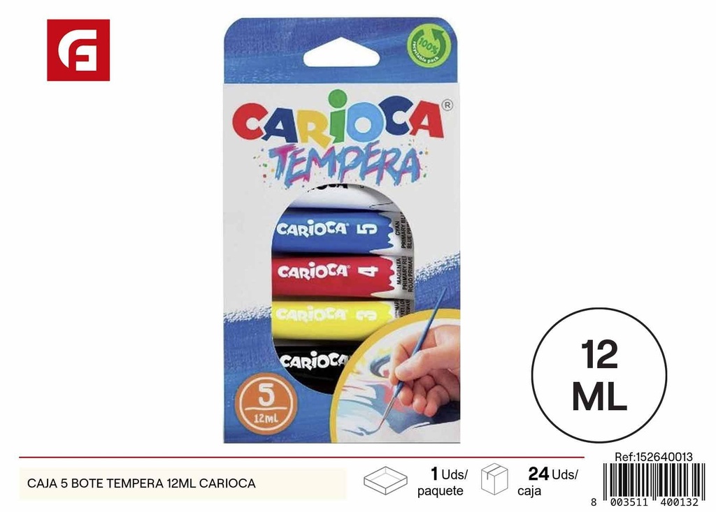 Caja de 5 botes tempera 12 ml Carioca - Materiales de arte