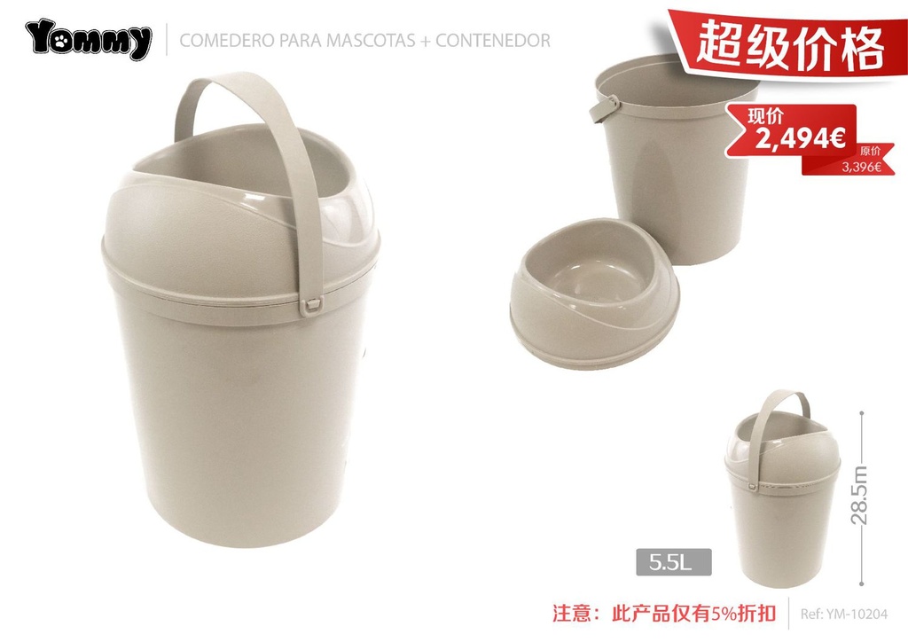 Comedero y cubo para mascotas 5.5L + 28.5 cm