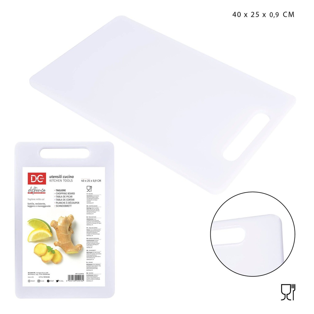 Tabla de cortar plástico 40x25x0.9cm blanco para cocina