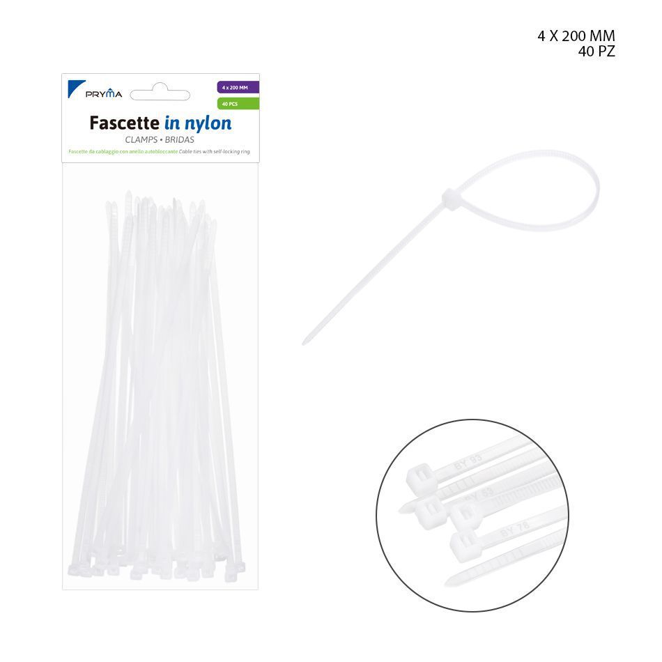 Bridas blancas de nylon 4x200 mm 40 piezas - Sujetadores y organizadores