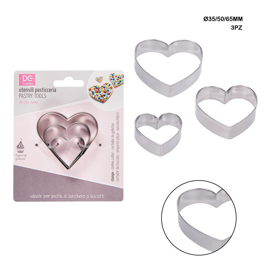 Molde corazón acero inoxidable 3.5-5-6.5cm 3pz para repostería