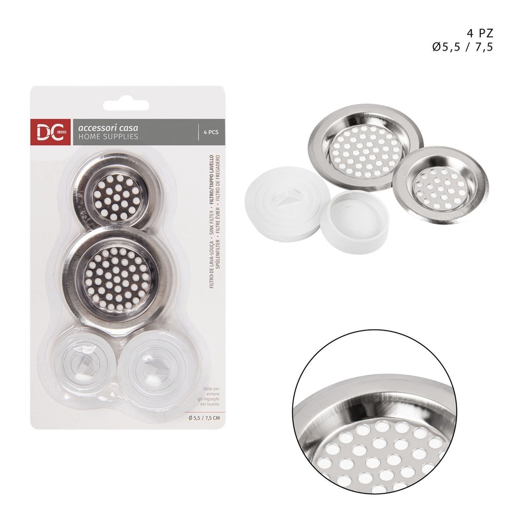 Filtro de acero inoxidable para fregadero + tapa 5.5-7.5CM 4PZ - Accesorios de cocina