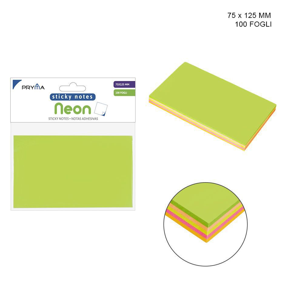 Nota adhesiva neón 75x125 mm 100 hojas para oficina