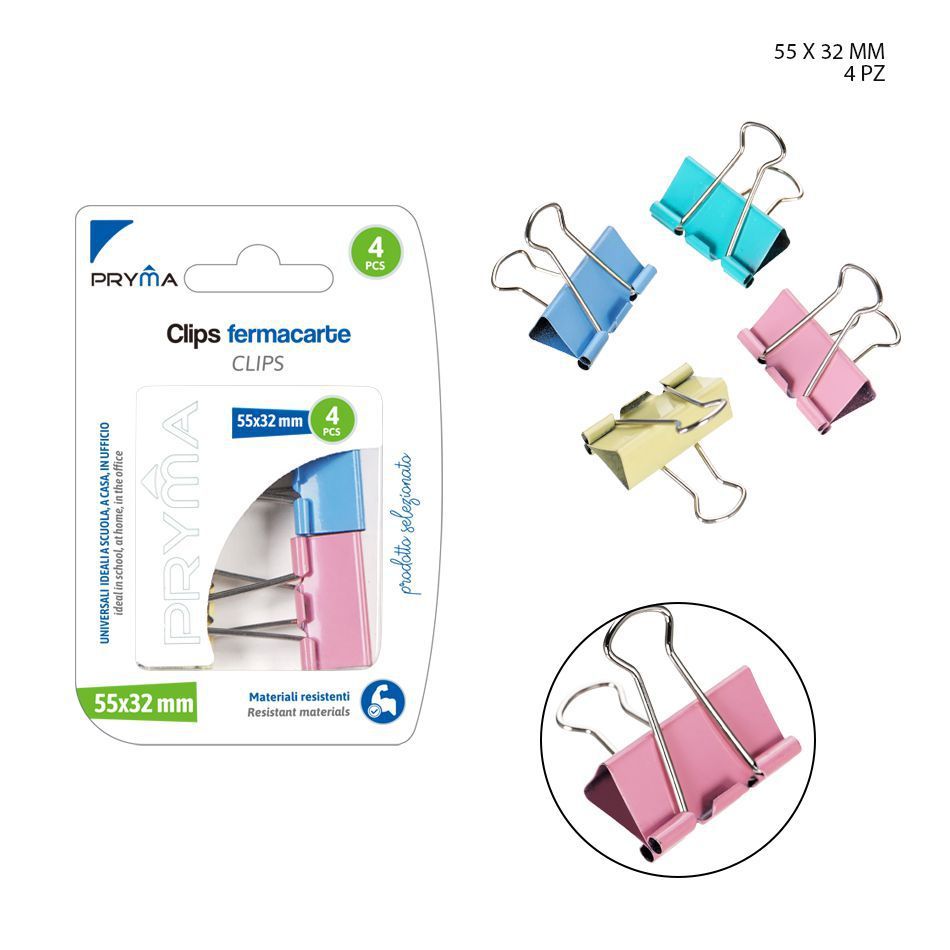 Pinza sujetapapeles de colores 55x32mm 4pz para organización de documentos