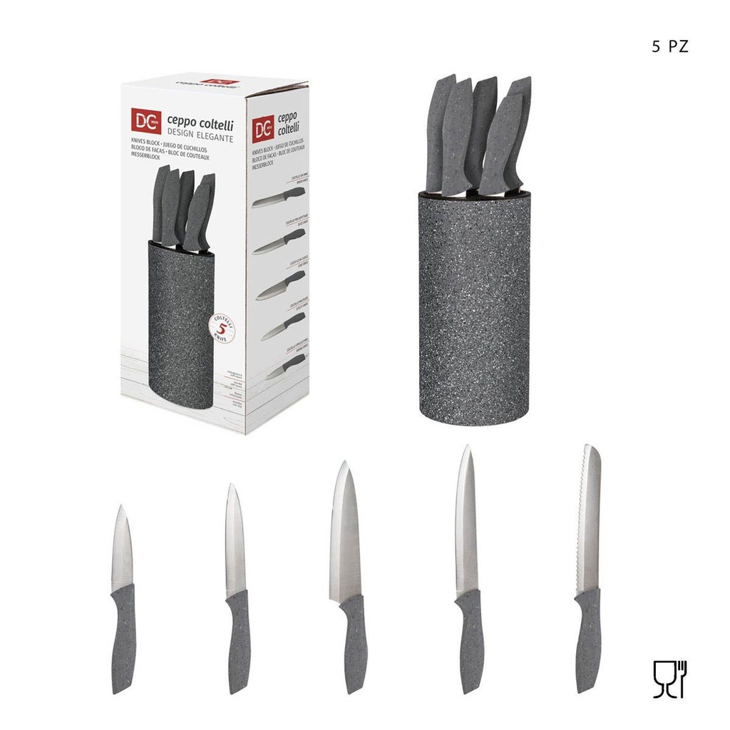 Set de cuchillos gris con soporte 5 piezas - Utensilios de cocina