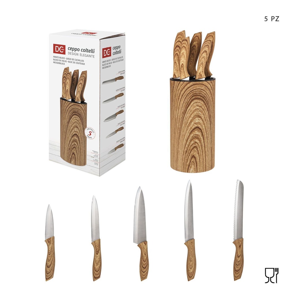 Set de cuchillos de cocina efecto madera 5pcs con soporte