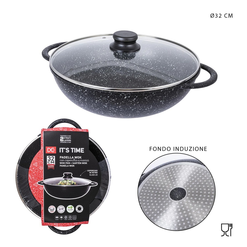 Wok con tapa de vidrio para inducción 32cm para cocina