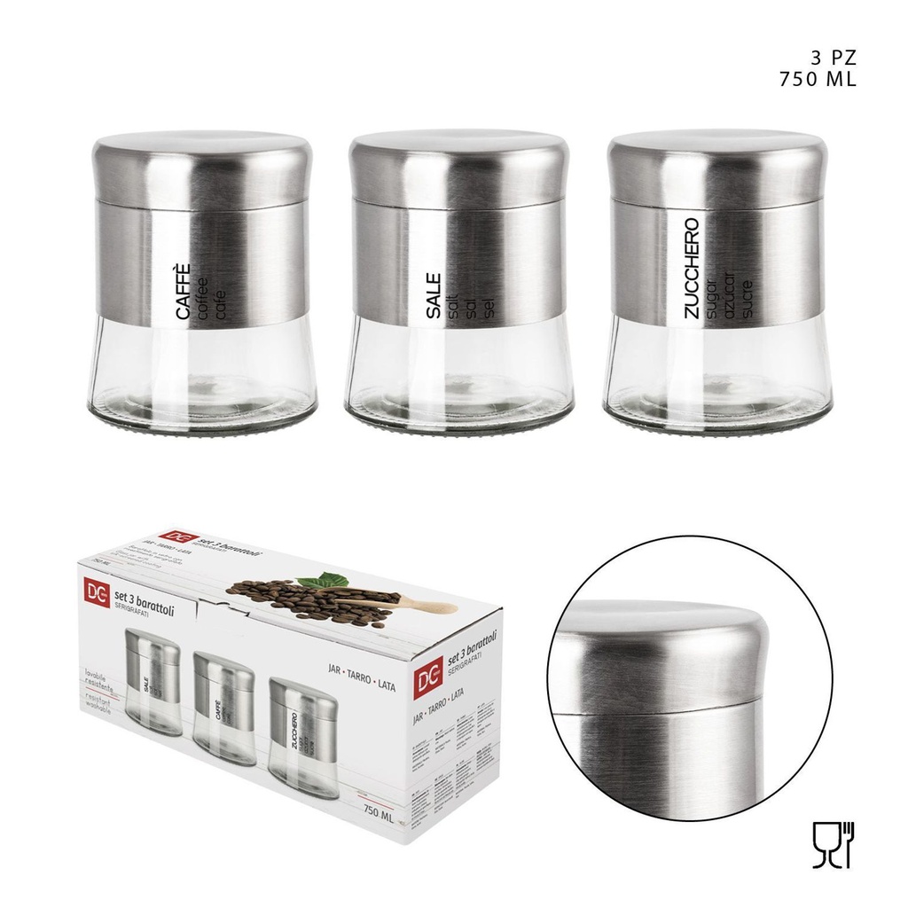 Tarros de cristal para sal/azúcar 750ml 3pcs plata, almacenamiento de cocina