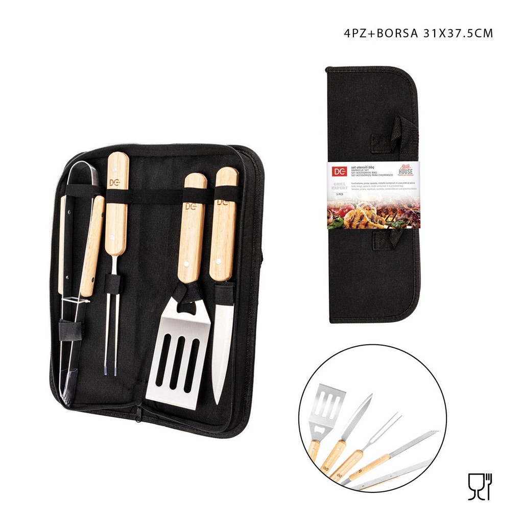 Set de 5 accesorios para barbacoa con mango de madera