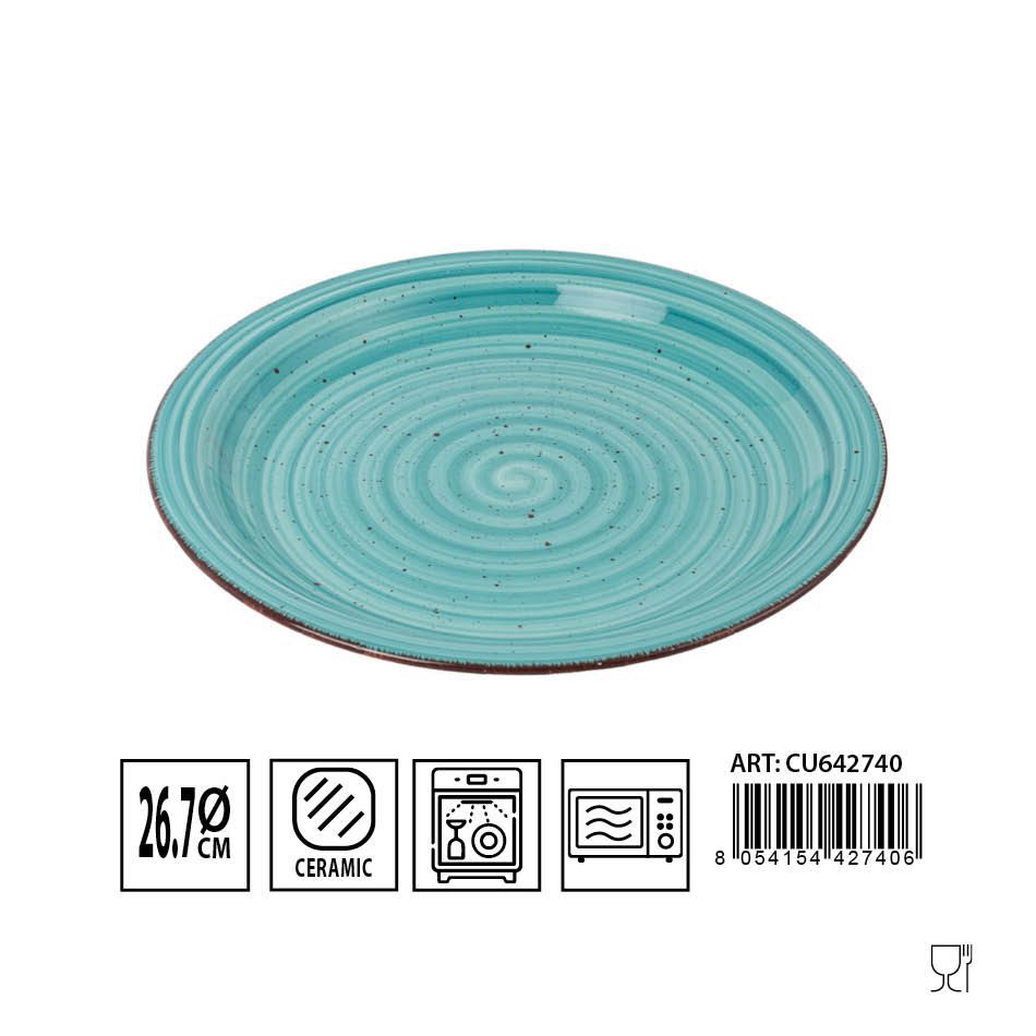 Plato plano 26.7cm azul claro de cerámica para servir comidas