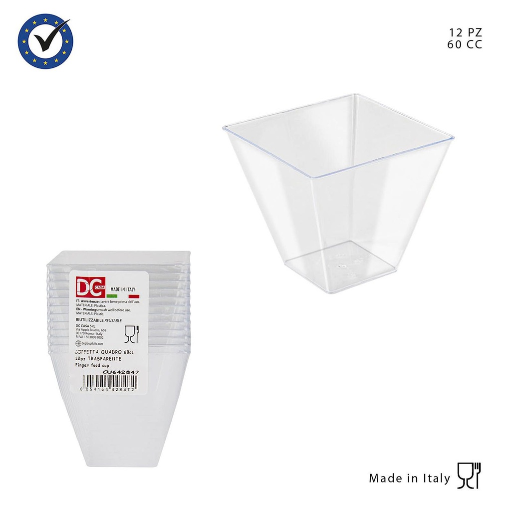 Vaso cuadrado transparente 60cc 12 unidades para fiestas y eventos